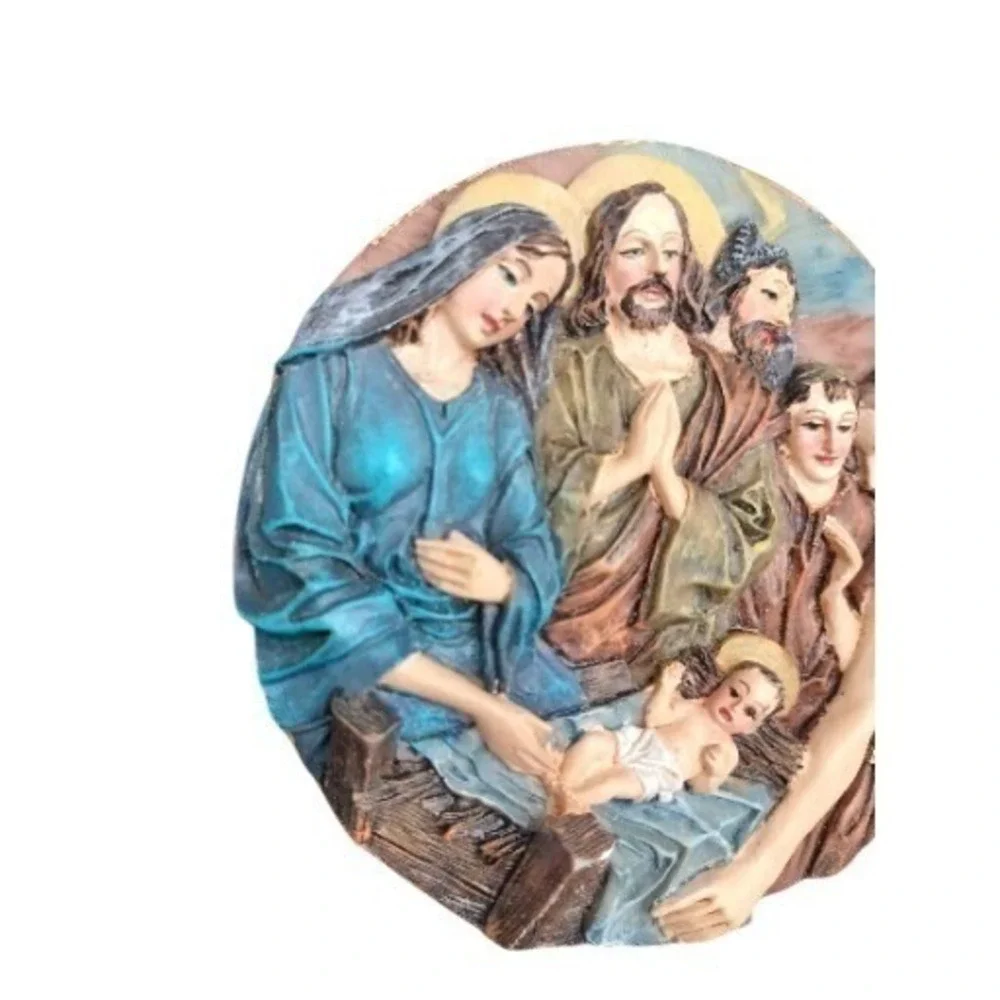 Vintage Nativity Scene Circular 3D Relief Plaque Holy Family‎ Shepherds